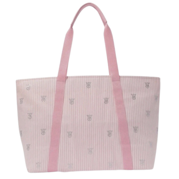 Victoria’s Secret Heritage Stripe Tote Bag Light Pink Glitter Logo Canvas NWT - Picture 2 of 5